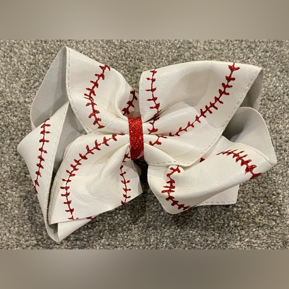 Baseball Stitch Hair Bow - White and Red
